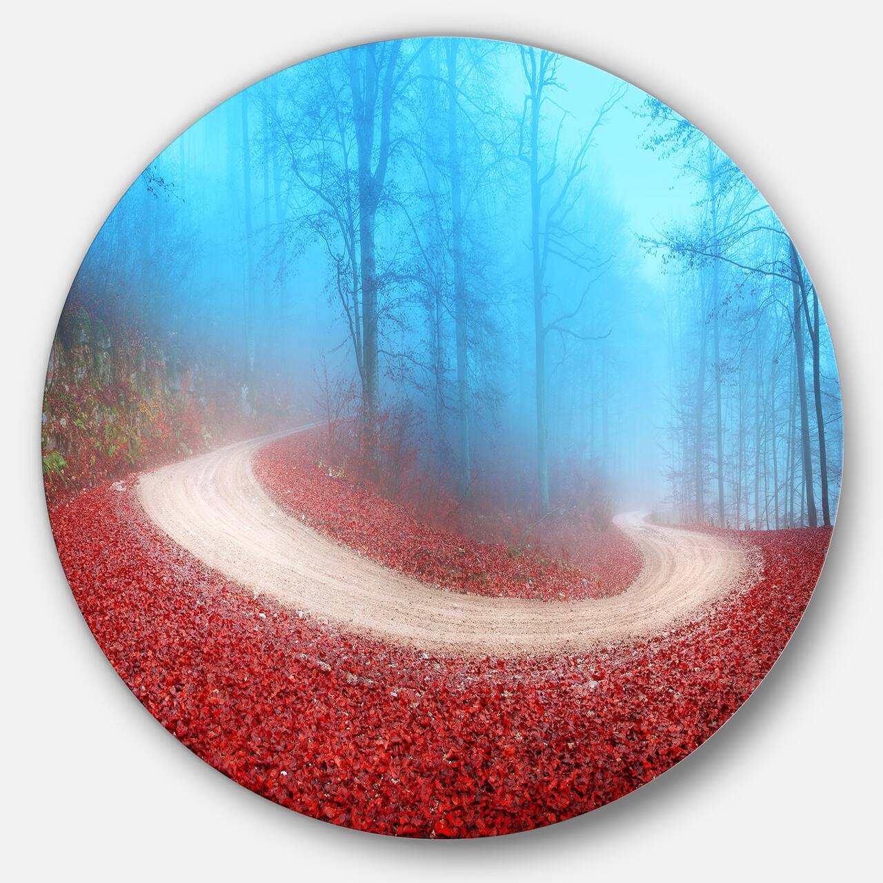 Designart - Curved Road in Autumn Forest&#x27; Circle Landscape Circle Metal Wall Art